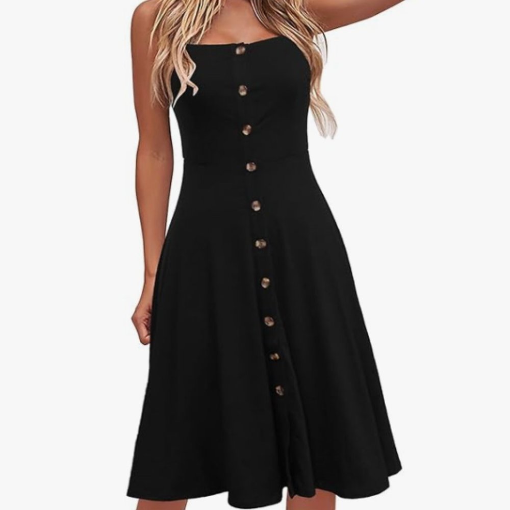 Black Cotton A-Line Spaghetti Strap Button Down Midi Dress (size M)